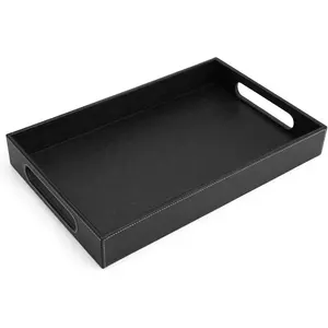 Custom Wide Handles Design PU Leather Tray Black Leather Tray Food Drinks Countertop Storage Organizer Leather Serving Tray