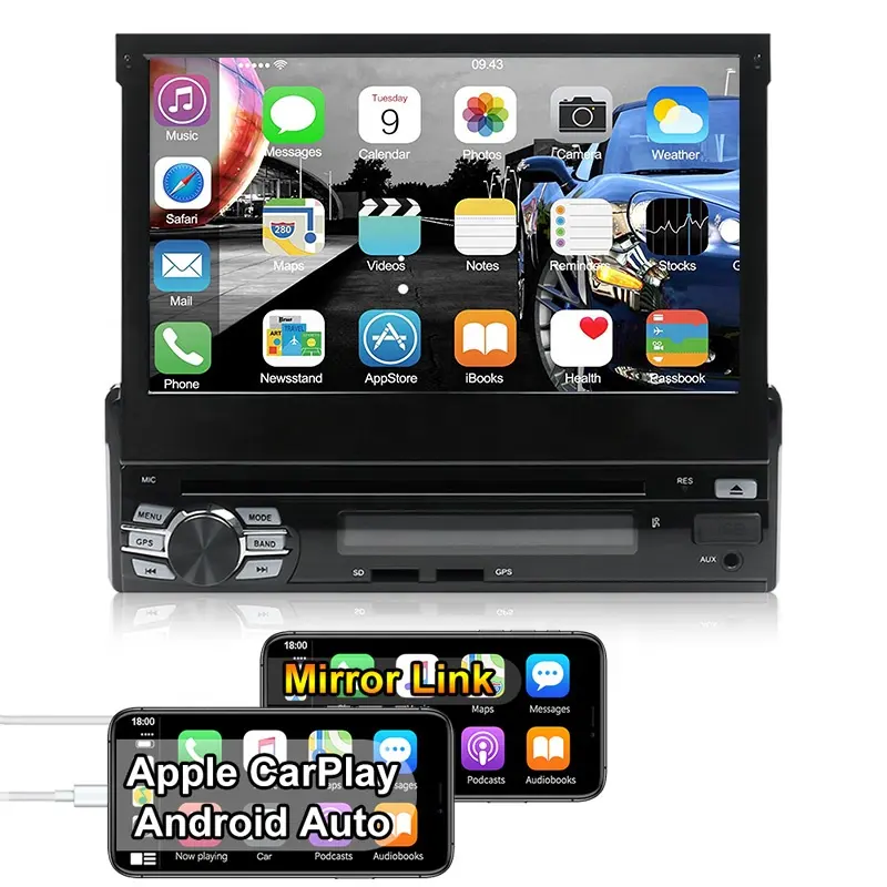 Reproductor multimedia con pantalla táctil de 7 "y Radio para coche, autorradio estéreo 1DIN con reproductor de DVD y vídeo, mp5, retráctil