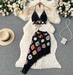 JINRU fábrica personalizada mujeres dos piezas hechas a mano abuela cuadrado ganchillo falda <span class=keywords><strong>Bikini</strong></span> Tops cubrir conjunto - Product Image 1