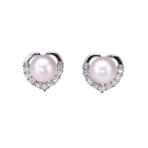 Eleganti orecchini a forma di cuore con perle Akoya, argento 925, perle bianche coltivate AAA, gioielli da sposa per donna, stile classico - Product Image 1