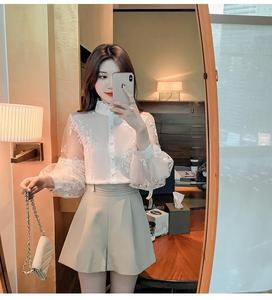 2024 Spring Sweet Style Lantern Sleeve Chiffon Shirt Women Embroidered Flower White Blouses Female Mesh <strong>Stitching</strong> Pure <strong>Top</strong> - Product Image 3