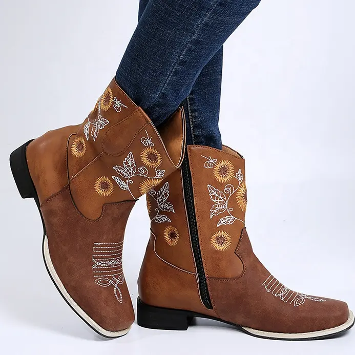 Vintage square toe embroidered sunflower leather western cowboy boots women girls fall boots for women