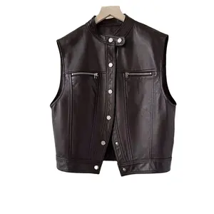 Custom New Trendy Stand Collar Covered Button Black Sleeveless Women Leather Motorcycle Vest