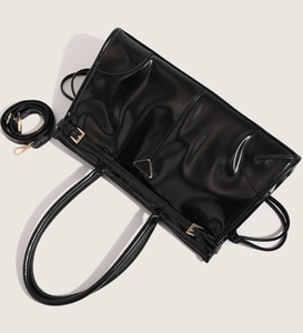 <b>Black</b> <b>Patent</b> Leather Tote <b>Handbag</b> Women Shoulder Bag Zipper Closure Foldable Durable Geometric Purse for Daily Use - Product Image 3