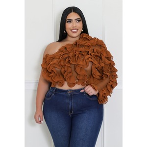 Áo kiểu nữ dáng rộng, chất liệu lưới voan mỏng, tay phồng dài, kiểu dáng bất đối xứng, chất liệu chiffon, nhiều lớp xếp tầng, kiểu áo <span class=keywords><strong>tunic</strong></span>. - Product Image 2