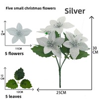Künstlicher Weihnachtsstern-Strauch mit 5 Glitzerköpfen, 30 cm hoch, für Weihnachtsbaum, Kranz, Heimdekoration und Feiertage