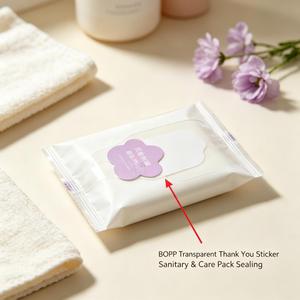 Etichette Adesive Trasparenti BOPP Personalizzate Antimanomissione con Scritta '<span class=keywords><strong>Grazie</strong></span>', Etichette Fustellate a Forma di Fiore <span class=keywords><strong>per</strong></span> Confezioni di Salviette Umidificate e Prodotti Igienici - Product Image 3
