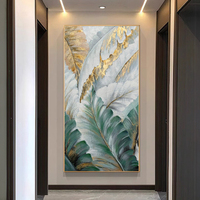 Grande peinture à l'huile verticale à texture de feuille de bananier, art mural fait main avec feuille d'or pour la maison