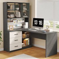 Bureau en L multifonctionnel en MDF crème avec tiroir perforé, bibliothèque intégrée pour la maison, la chambre, le bureau d'étudiant