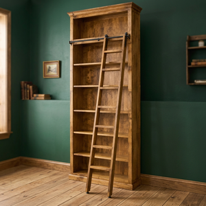 Mango Wood <b>Tall</b> Library <b>Bookcase</b> with Sliding Ladder-Mid Century Modern Living Room Storage Furniture Wholesale Handcrafted - Product Image 3