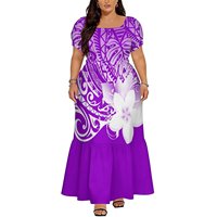 Robe longue populaire pour femmes aux formes généreuses, style Samoa, à rayures dégradées rouges, imprimé tribal polynésien, avec manches courtes bouffantes et ourlet à volants