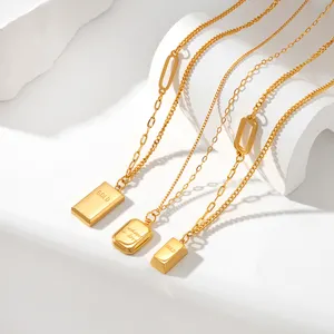 Exquisite 18K Small Gold Brick Necklace Women Square Colorfast Stainless Steel Pendant With Electroplating Fashion Jewelry