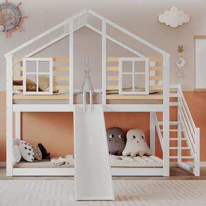 Litera <span class=keywords><strong>infantil</strong></span> con certificación EN474, cama individual de <span class=keywords><strong>madera</strong></span> maciza con escaleras y rejilla con tobogán y ventana, color blanco - Product Image 3
