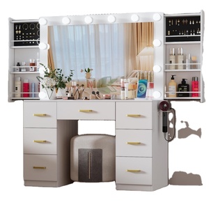 โต๊ะเครื่องแป้งสีขาวพร้อมกระจกมีไฟ สามโหมดสี ปรับความสว่างได้ พร้อมแท่นชาร์จ ลิ้นชักสี่ช่องแบบเลื่อนได้ - Product Image 1