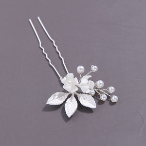 Set de Accesorios para el Cabello de Novia Hechos a Mano con Perlas y Flores, Peineta Floral de Arcilla, 2 Horquillas en Forma de U, Tocado de Boda con Pedrería - Product Image 6