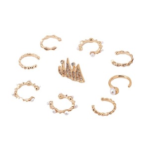 Ensemble de boucles d'oreilles à clip 9 pièces, dorées, avec perles et strass, motif couronne, bijoux de fête pour femmes, boucles d'oreilles pendantes tendance - Product Image 5