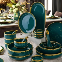 Juego de Vajilla de Porcelana y Cerámica de 6 Piezas, Estilo Nórdico Minimalista, con Borde Dorado y Diseño de Mármol Verde, Apto para Horno, Vajilla Sostenible