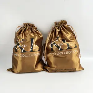 Wholesale luxury custom logo gift wig packaging silk drawstring bag for hair extensions,satin bags with logo