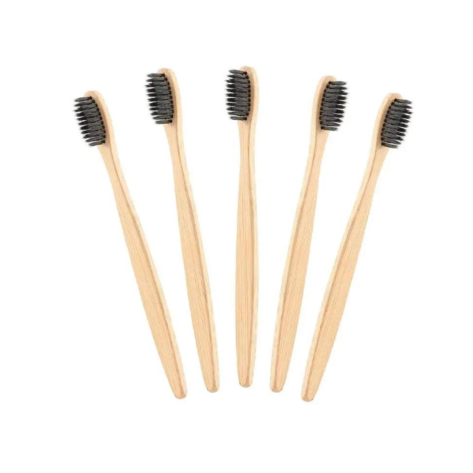 Toothbrush adulto do bambu com cerdas médias escovas de bambu biodegradáveis em uma caixa reciclável, plástico livre.