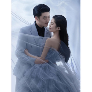 Strapless Tulle Wedding Dress Empire Waist Ball Gown Bright Steel Blue Studio Photography Bridal Gown - Product Image 2