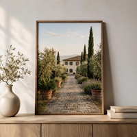 Ensemble de 3 tableaux muraux européens représentant des cours d'oliviers, des impressions de villas italiennes, des paysages de palmiers d'olivier méditerranéens, peintures sur toile encadrées