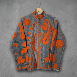 Stand Handmade <b>Velvet</b> Breathable Jacket Full Sleeve Hand Embroidered Floral Pattern Orange Cotton <b>Women's</b> <b>Coat</b> Autumn Winter - Product Image 2