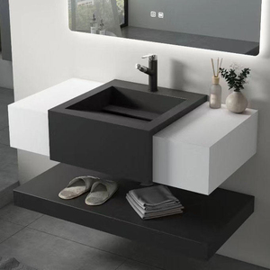 Ensemble de meubles-lavabos de salle de bain mural en pierre frittée haut de gamme personnalisé avec vasque intégrée et miroir LED pour projets hôteliers et d'appartements - Product Image 2