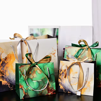 Sacs cadeaux personnalisés recyclables en papier marbré à encre fluide classique, imprimé éclaboussures dorées, ruban bicolore, cordon de serrage étanche, pour mariage et thé