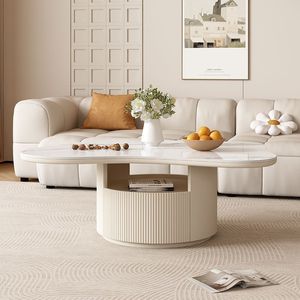 Mesa de Centro Color Crema con Tapa de Mármol, Estilo Moderno y Minimalista para Sala de Estar, Ideal para Apartamentos Pequeños - Product Image 4