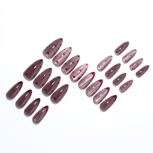 Uñas postizas francesas color rojo vino, forma almendrada, con pequeños corazones y lunares, removibles, para manicura DIY. - Product Image 3