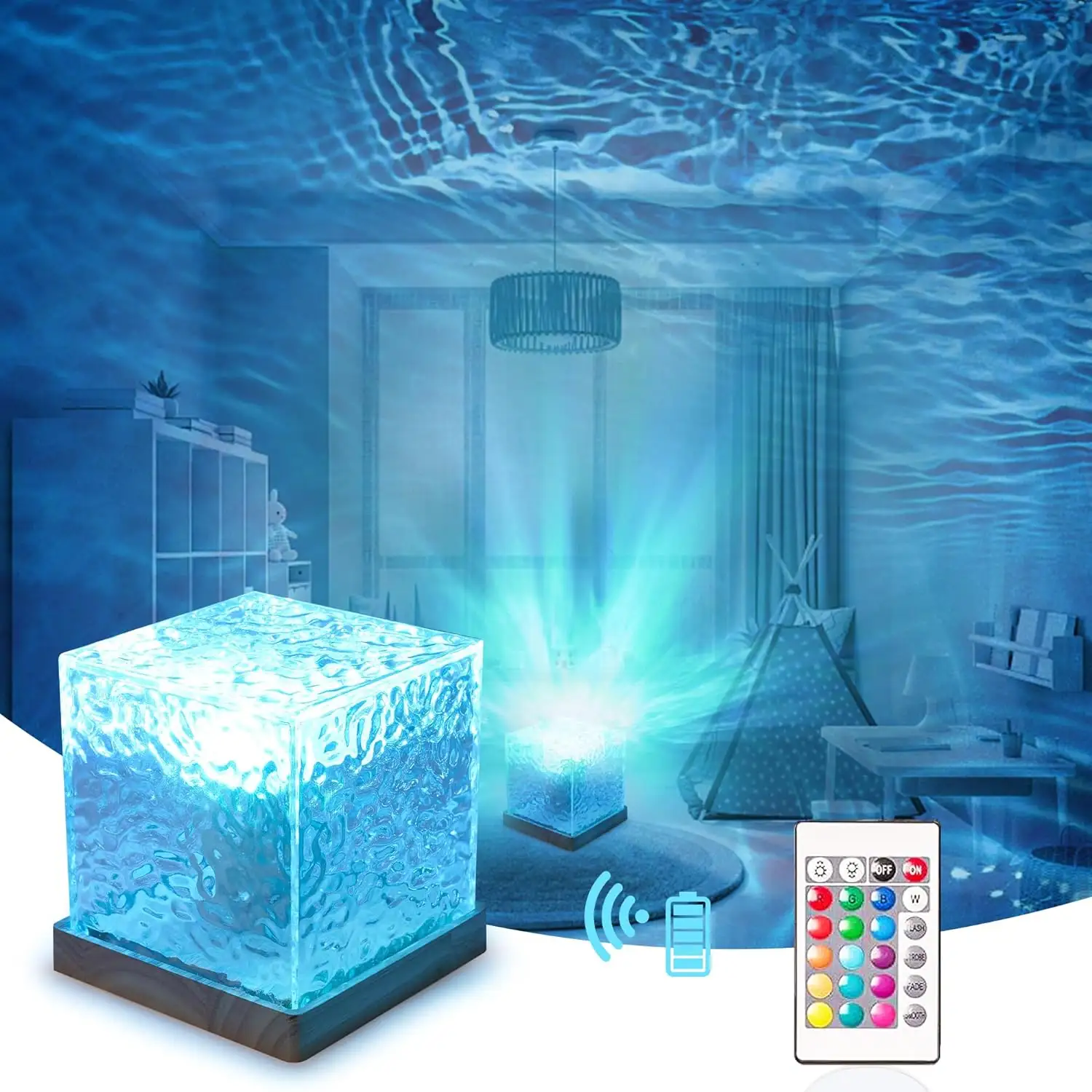 Lampu aurora kristal berputar 16 warna 3D, lampu malam meja kubus riak air dinamis biru