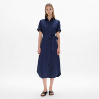 Robe chemise de bureau pour femme, rayée marine, manches courtes, boutonnée devant, taille nouée, longueur midi, avec poches