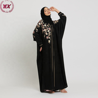 Nouvelle Robe Musulmane pour Femmes de Dubaï, Robe Turque Été 2023, Abaya Ouverte Brodée Florale Noire Modeste, Vêtement Islamique en Polyester