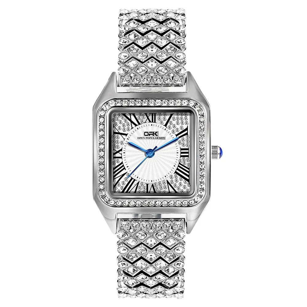 Montres à quartz en acier inoxydable de luxe imperméable à l'eau plein de diamants glacés cz pour femmes