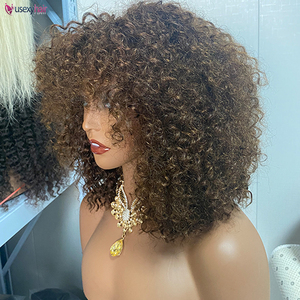 Perruque sans colle en <span class=keywords><strong>cheveux</strong></span> humains naturels bruts, bouclés <span class=keywords><strong>afro</strong></span> crépus, couleur naturelle, fabriquée à la machine, avec frange, sans dentelle, prix de gros - Product Image 6