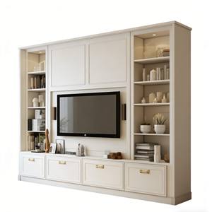 Meuble TV encastré moderne de luxe sur mesure, design en bois massif blanc avec étagères ouvertes et quincaillerie en laiton pour la maison - Product Image 5