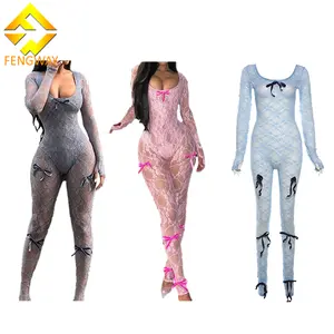 2024 New Arrivals Lace Bow Skinny Jumpsuits Sexy Lace Jacquard Weave Romper See Through Tight Jumpsuits For Women