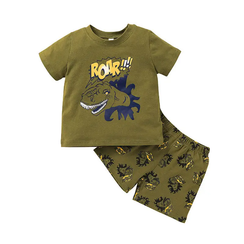 New Arrival Summer Kids Clothes Army Green Baby Cotton Wear Fashion Clothing Set 2 Piece Short Sleeve Suit