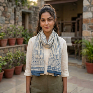 Pañuelo de algodón con estampado de peces en azul índigo, hecho a mano, para mujer, suave, de verano, bufanda tradicional india, pañuelo para el cuello. - Product Image 1