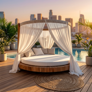 Canopy Sun Lounger Daybed Outdoor Wood Teak Frame Memory <b>Foam</b> Cushion Tropical Contemporary Design <b>Waterproof</b> Patio Furniture - Product Image 2