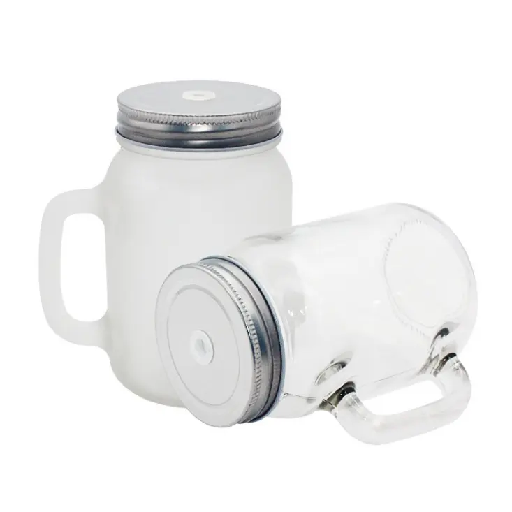 Sublimasi Gelas Botol Mason 15Oz, dengan Pegangan Kaca Bening Mason Jar Cup dengan Tutup dan Sedotan untuk Pencetakan Panas