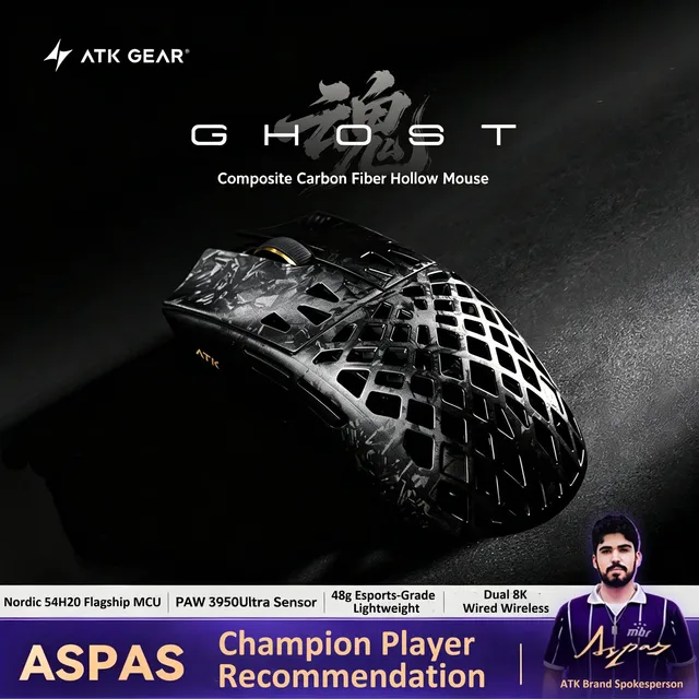 ATK GHOST Wireless Gaming Mouse Hollow Carbon Fiber 2.4G Dual Mode 0.163ms Low Latency PAW3950 Ultra 48g Superlight E-Sport Game
