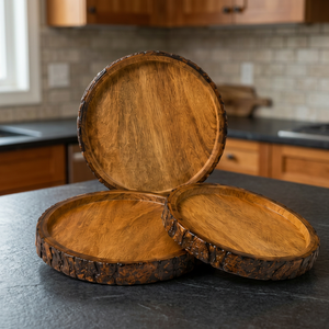 Ensemble de 3 plateaux en bois de manguier poli à bords naturels, assiettes de service artisanales avec bord en écorce pour fêtes, décoration intérieure, cadeau - Product Image 4