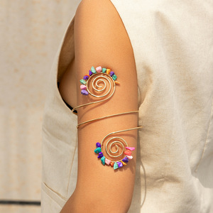 Spiral Beaded Metal Arm Cuff with Natural Semi-Precious Stones Bohemian Upper Arm Bracelet - Product Image 4