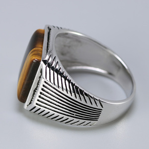 Cincin perak Sterling 925 pria, perhiasan cincin pria mata harimau pola garis batu alami keren Retro Punk kustom - Product Image 3
