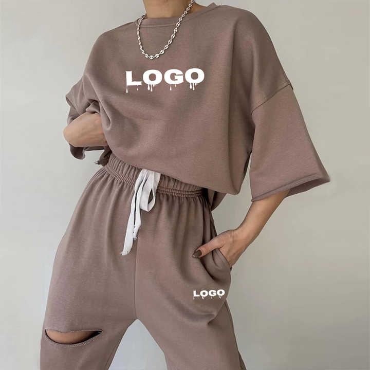 Manufacturers Women's Solid Casual Knitting Clothing Set Two-piece Crop Top T-shirt Pants Plus Size Regular Loungewear Hollow