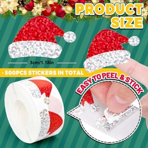 Adesivos Redondos de 3cm com 500 Unidades, Impermeáveis, em PET, Autoadesivos, com Tema de Chapéu de Papai Noel Vermelho a Laser, para Selagem de Caixas de Presente, Adesivo de Desenho Animado - Product Image 4