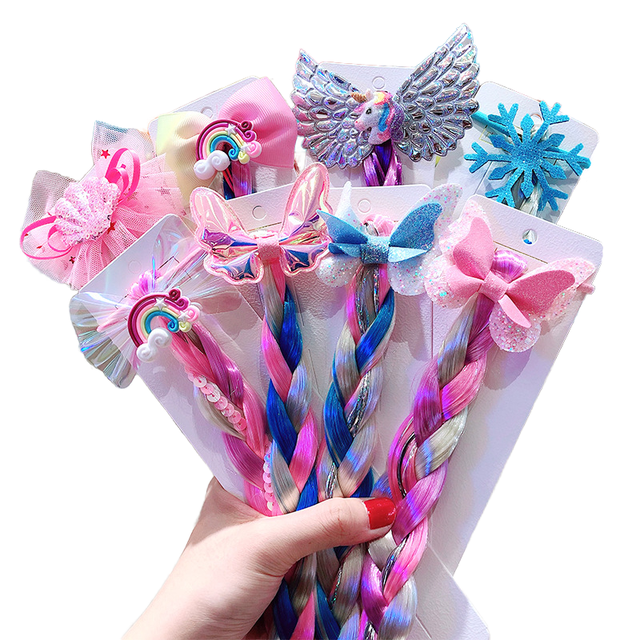 Girls Colored Braids Hair Extensions with Rubber Bands, Rainbow Braided hair tie Hairs Accessories for Cosplay Daily Dress Up