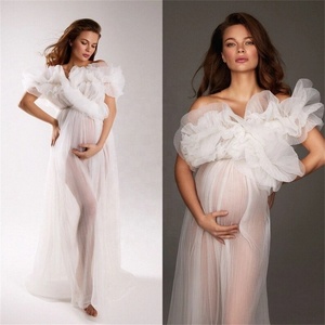 Robes <span class=keywords><strong>de</strong></span> <span class=keywords><strong>soirée</strong></span> <span class=keywords><strong>pour</strong></span> femmes enceintes en tulle illusion, coupe trapèze, épaules dénudées, manches courtes - Product Image 2