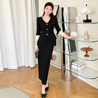 Ensemble 2 pièces vintage français élégant pour l'automne-hiver : haut ajusté à col en V perlé et jupe midi, grandes tailles